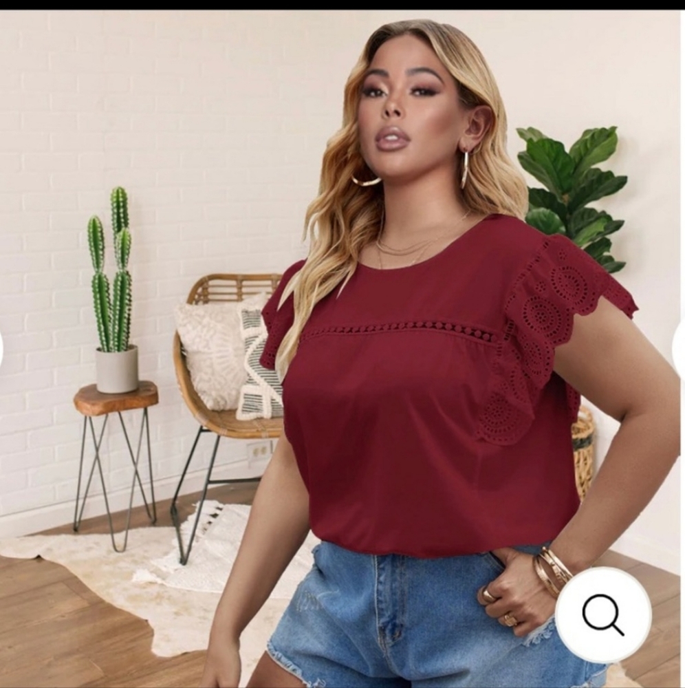 Burgundy Plus Size  Flutter Sleeve Blouse